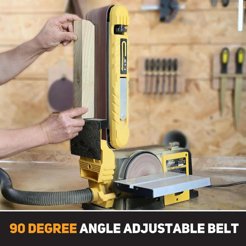 Pro Grade Belt And Disc Sander Combo With 4x36 Inch Belt And 6 Inch Disc, 3/4 HP Motor, shown tilting to 90 degrees