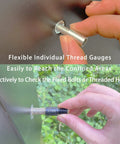 Person using Nut And Bolt Thread Checker Set Inch And Metric 14 Inch And 12 Metric Thread Gauges for bolts in confined areas.
