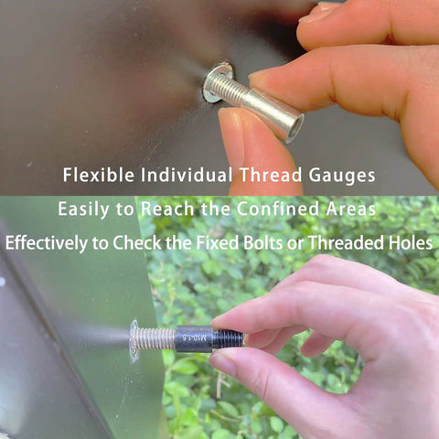 Person using Nut And Bolt Thread Checker Set Inch And Metric 14 Inch And 12 Metric Thread Gauges for bolts in confined areas.