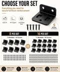 Eight Pack Heavy Duty Corner Brackets Set With Quick Fit Interlocking L Shaped Right Angle Braces Built Tough Plus 40 Screws Stainless Steel 90 Degree Hardware For Cabinets Drawers Tables Chairs And Shelves Black Finish displayed with screws and descriptions of features.