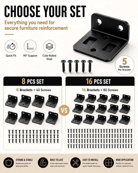 Eight Pack Heavy Duty Corner Brackets Set With Quick Fit Interlocking L Shaped Right Angle Braces Built Tough Plus 40 Screws Stainless Steel 90 Degree Hardware For Cabinets Drawers Tables Chairs And Shelves Black Finish displayed with screws and descriptions of features.
