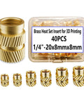 40 Pack One Quarter Inch Brass Heat Set Threaded Inserts With UNC Knurled Nuts For One Quarter Twenty Threads, 8x8mm Length