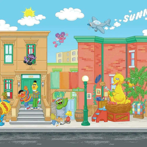 Sesame Street characters on a colorful mural, featuring paper peel and stick wallpaper, easy water activated paste, 10.5 ft by 6 ft.