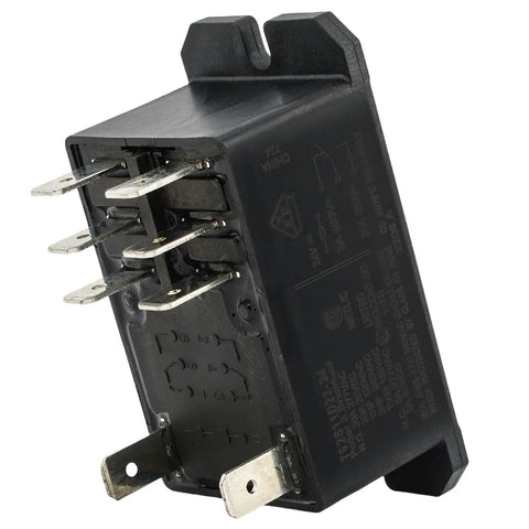 Close-up of 24V DC DPDT Power Relay with 8 Pin Quick Connect, Top Sealed, 30A Rating for industrial use