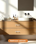 Modern bathroom with wood cabinet featuring white handles, round vessel sink, and wall-mounted black faucet.