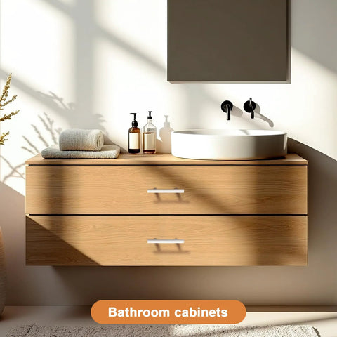 Modern bathroom with wood cabinet featuring white handles, round vessel sink, and wall-mounted black faucet.