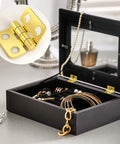 Thirty Pieces Small Brass Hinges For Crafts With 120 Screws And Nails, 13 X 12 Mm Mini Hardware For Jewelry Boxes, shown installed on a black jewelry box.