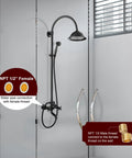 Oil Rubbed Bronze Exposed Pipe Shower System with 8 Inch Rainfall Round Head and Wall Mount Mixer displayed against a modern background