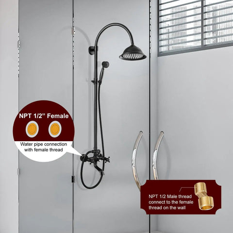 Oil Rubbed Bronze Exposed Pipe Shower System with 8 Inch Rainfall Round Head and Wall Mount Mixer displayed against a modern background