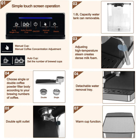 Top Shelf 20 Bar Semi Automatic Espresso Coffee Maker With Reliable Milk Frother Wand And Quick Fill Water Tank functionality details