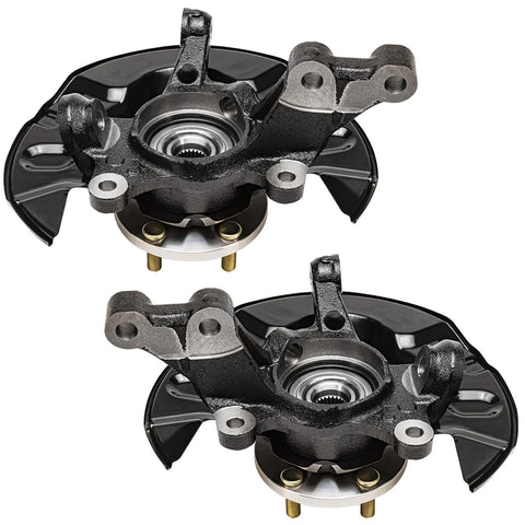 Front Steering Knuckles 2-Pack With Wheel Bearing Hubs Assembly For 2003-2008 Toyota Corolla Replacement Kit OEM Grade Drop-In Fit For 2004-2007 Models, showing pre-assembled knuckles with metal construction, ready for installation.