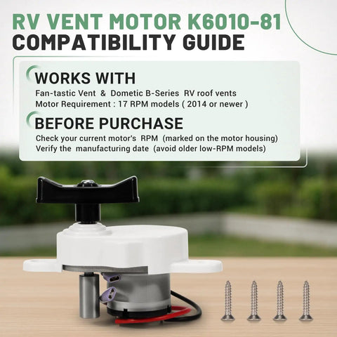 RV Roof Vent Lift Motor K6010-81 17 RPM For Dometic Fan-Tastic B Series with stainless steel mounting screws displayed on table.