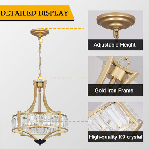Gold iron frame chandelier with adjustable height and high-quality K9 crystal