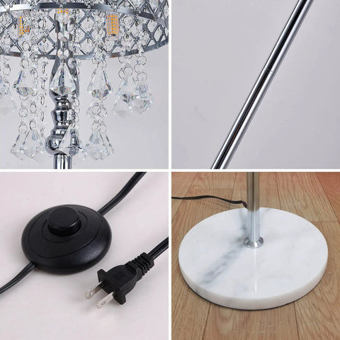 Close-up of Mini European Crystal Floor Lamp With Sleek Chrome Finish Three Light Bars plug, stand, and crystal details