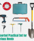 Pegboard tool set with shovel, drill, hammer, hacksaw, scissors, and hose, organized on heavy-duty pegboard for garage or workspace.
