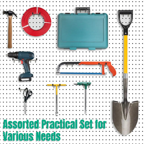 Pegboard tool set with shovel, drill, hammer, hacksaw, scissors, and hose, organized on heavy-duty pegboard for garage or workspace.