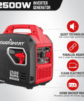 2500W Portable Inverter Generator Gas Powered Quiet And Parallel Ready with features, red and black design, side view.