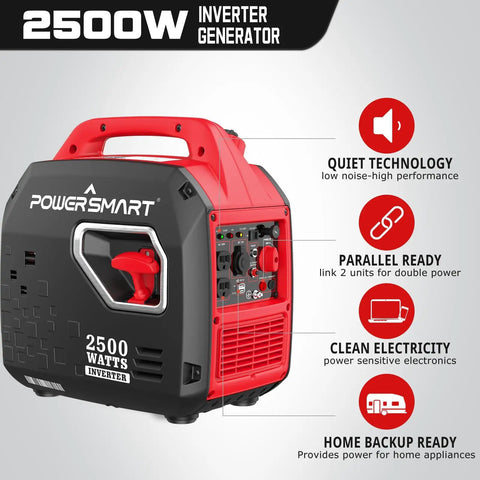 2500W Portable Inverter Generator Gas Powered Quiet And Parallel Ready with features, red and black design, side view.