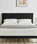 Ultra Comfy Queen Platform Bed Frame With Cozy Velvet Upholstered Headboard Built For Dead Quiet Sleep With Zero Box Spring Needed offers plush headboard and layered bedding.