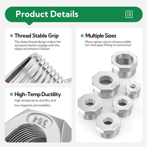 2-Pack 304 Stainless Steel Reducer Hex Bushing 1.5 In NPT Male to 1 In NPT Female Reducing Pipe Adapter Fitting for Plumbing and Industrial Piping, Go-To Corrosion-Resistant, Works from -65 to 250 F, threaded sizes shown