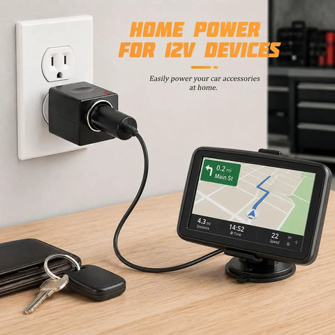 Pretty Slick AC To DC Car Adapter Turns Home Outlet Into 12V Cigarette Lighter Jack With Glowing LED Beacon on wall outlet with GPS device.