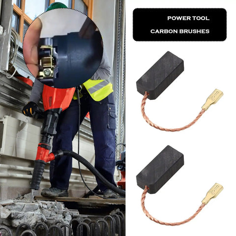 Image of two pairs carbon brush motor brush spare part for power tools 6.5 x 8 x 18 mm with 45 mm cable, shown with hammer drill in use.