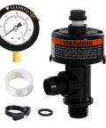 Air relief valve 98209800 for Pentair pool filters; black plastic body with pressure gauge and mounting fittings