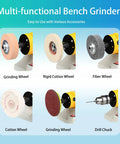 Multi-functional bench grinder with various accessory wheels including grinding, cotton, and fiber for drill chuck usage.