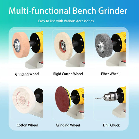 Multi-functional bench grinder with various accessory wheels including grinding, cotton, and fiber for drill chuck usage.