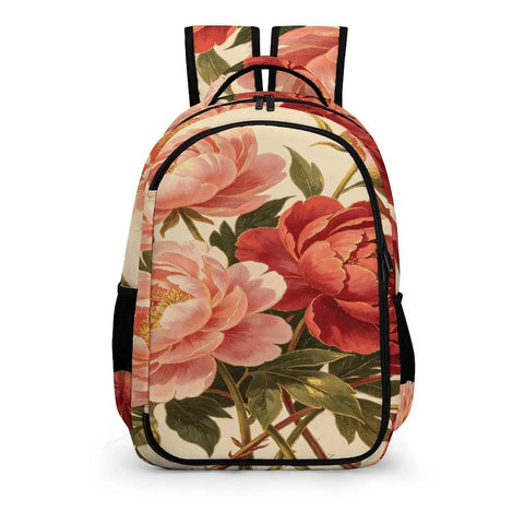 Vintage Peony Botanical Printed Backpack For Everyday Use Unisex Large Capacity Daypack With Durable Polyester Fabric Front View