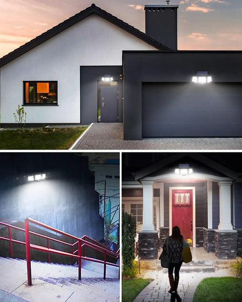 Outdoor Solar Lights With Motion Sensor, Triple Head Design Covers 270 Degree Wide Lighting, illuminating yard and garage entrance.