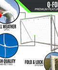 Q Fold Soccer Goal Easy Setup Backyard All Weather 72 By 48 By 24 Inches Includes Net And Ground Pegs No Sag Crossbar Patented Flexi Joint System Built Tough For Year Round Practice, with UPVC construction and fold & lock system.