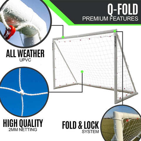 Q Fold Soccer Goal Easy Setup Backyard All Weather 72 By 48 By 24 Inches Includes Net And Ground Pegs No Sag Crossbar Patented Flexi Joint System Built Tough For Year Round Practice, with UPVC construction and fold & lock system.