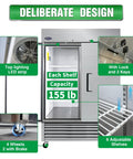 Heavy Duty Fifty Four Inch Commercial Reach In Upright Refrigerator Double Door Stainless Steel Commercial Fridge With Forty Nine Cubic Feet Fresh Stash showing interior, adjustable shelves, and LED lighting.