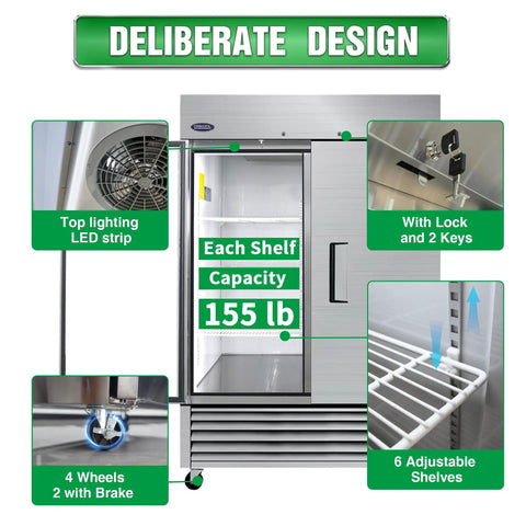 Heavy Duty Fifty Four Inch Commercial Reach In Upright Refrigerator Double Door Stainless Steel Commercial Fridge With Forty Nine Cubic Feet Fresh Stash showing interior, adjustable shelves, and LED lighting.
