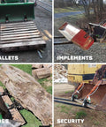 Beefy Medium-Duty Clamp-On Pallet Forks With Adjustable Stabilizer Bar for loader shown lifting pallets, implements, logs, and secured load