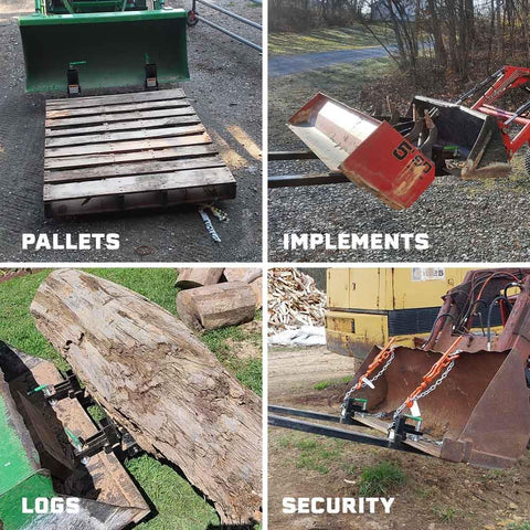 Beefy Medium-Duty Clamp-On Pallet Forks With Adjustable Stabilizer Bar for loader shown lifting pallets, implements, logs, and secured load