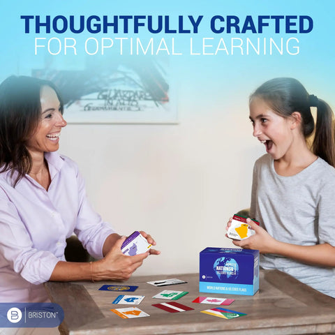 Mother and daughter using Ultimate Geography Flash Cards Set With Flags Capitals Currencies And Populations 290 Cards For Global Nations And US States