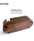 Wooden Espresso Tamper Holder Station with anti-slip rubber pads on bottom, dark walnut finish, fits 51-54mm grinders and accessories