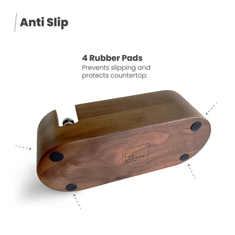 Wooden Espresso Tamper Holder Station with anti-slip rubber pads on bottom, dark walnut finish, fits 51-54mm grinders and accessories