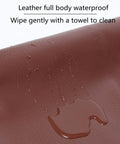 Close-up view of waterproof leather surface with water droplets, demonstrating water resistance and easy cleaning.