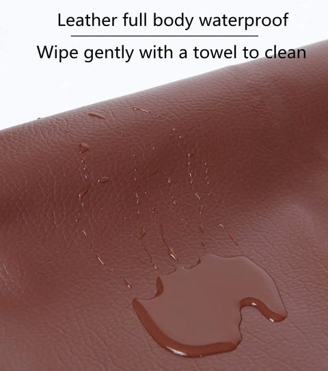 Close-up view of waterproof leather surface with water droplets, demonstrating water resistance and easy cleaning.