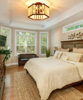 Boho Wood Bead Ceiling Light Fixture With E26 Base Semi Flush Mount Chandelier Two Lights in rustic bedroom.