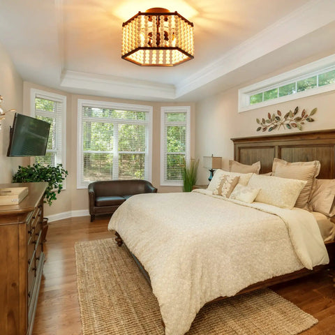 Boho Wood Bead Ceiling Light Fixture With E26 Base Semi Flush Mount Chandelier Two Lights in rustic bedroom.