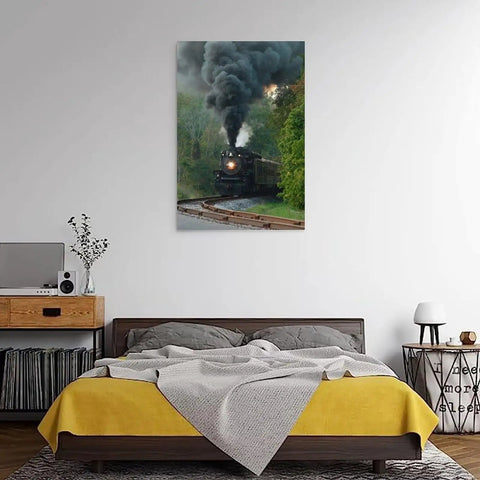 Locomotive Train Wall Art Canvas Poster Dope Vintage Steam Engine Railroad Print For Living Room And Bedroom Decor Modern Frame Style 8x12 Inch 20x30 Cm hanging above bed