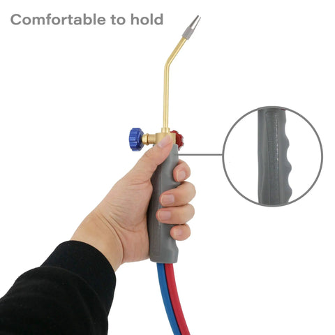 Person holding MAPP Torch Kit With Self Pressure Gauge And Tank Stand And Flint Lighter And Safety Glasses No Gas Cylinders Included