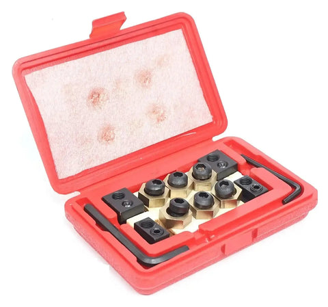 5/8 Inch T-Slot Eccentric Clamps Copper Kit Stud in red case for CNC milling, including bolts, T-nuts, stoppers, and wrenches.