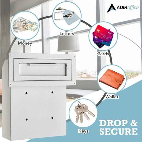 White Door Drop Box With Secure Locking For After-Hours Drops Of Keys, Checks And Documents, shown with money and cards.