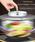 Kickass Electric Salad Spinner With Slick Usb Rechargeable Motor Stainless Steel Bowl For Crispy Greens And Fresh Fruit Hassle Free Cordless Kitchen Game Changer You Will Love with hand pressing button.