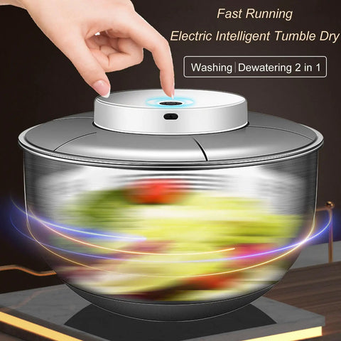 Kickass Electric Salad Spinner With Slick Usb Rechargeable Motor Stainless Steel Bowl For Crispy Greens And Fresh Fruit Hassle Free Cordless Kitchen Game Changer You Will Love with hand pressing button.